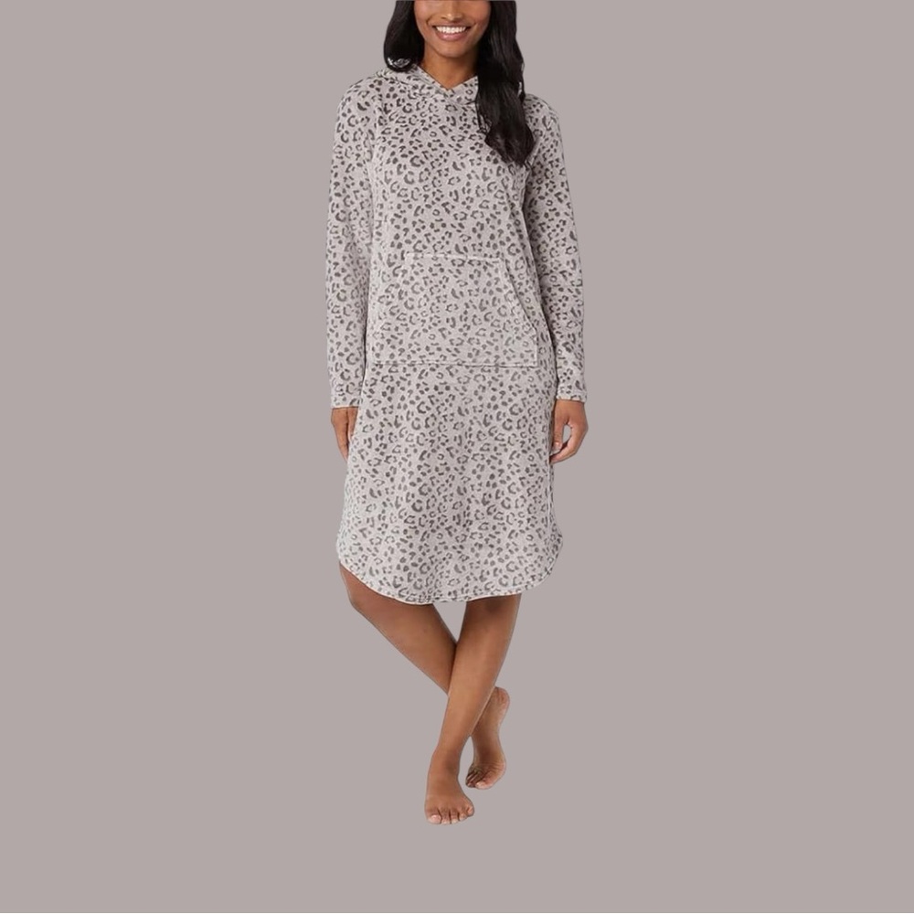 🤎🖤Cozy Velour Leopard “32 Degree” Sleep Dress W/ Pockets & Hood L/Xl EUC